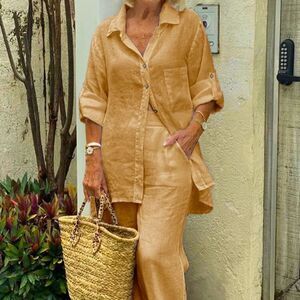 Cotton Blend Khaki Shirt And Pants Two-Piece Set